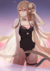 Rule 34 | 1girl, absurdres, aoi tooru, arknights, arm up, armpits, backlighting, black nails, black one-piece swimsuit, breasts, brown hair, casual one-piece swimsuit, cleavage, collarbone, cowboy shot, flower, gradient sky, hair flower, hair ornament, highres, indigo (arknights), long hair, nail polish, one-piece swimsuit, one side up, parted lips, pink sky, pointy ears, purple eyes, see-through, skindentation, sky, small breasts, star (sky), starry sky, swimsuit, tail, thigh strap, very long hair, wading, water, white flower