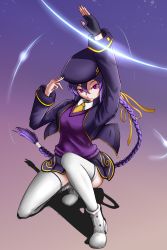 Rule 34 | 1girl, absurdres, arm up, beret, black gloves, black skirt, black vest, braid, commentary, eltnum, english commentary, fingerless gloves, gloves, gradient background, hand on headwear, hat, highres, long hair, looking at viewer, purple eyes, purple hair, purple hat, purple shirt, senkare, shirt, single braid, single glove, sion eltnam atlasia, sitting, skirt, smile, solo, thighhighs, tsukihime, under night in-birth, very long hair, vest, white footwear, white thighhighs