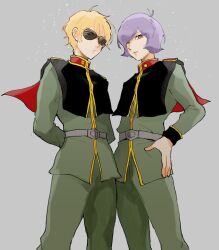 Rule 34 | 2boys, arms behind back, belt, black cape, blue eyes, brown eyes, cape, char aznable, closed mouth, garma zabi, green jacket, grey background, grey belt, gundam, hand on own hip, high collar, jacket, long sleeves, looking at viewer, male focus, meiko (hishi), military uniform, mobile suit gundam the origin, multiple boys, partially opaque sunglasses, purple hair, red cape, short hair, simple background, standing, sunglasses, two-sided cape, two-sided fabric, uniform