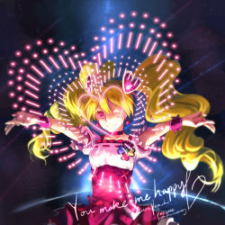 Rule 34 | 00s, 1girl, anniversary, areazero, blonde hair, blue background, character name, choker, colored eyelashes, cure peach, fresh precure!, hair ornament, heart, heart hair ornament, long hair, magical girl, momozono love, one eye closed, outstretched arms, pink eyes, pink skirt, precure, skirt, smile, solo, spread arms, twintails, wink, wrist cuffs