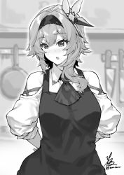 Rule 34 | 1girl, absurdres, alternate costume, apron, arms behind back, artist name, ascot, bare shoulders, black apron, blurry, blurry background, blush, breasts, commentary request, eula (genshin impact), frying pan, genshin impact, greyscale, hair between eyes, hair ornament, hairband, highres, kimi tsuru, kitchen, kitchen knife, large breasts, long sleeves, looking down, medium breasts, medium hair, monochrome, open mouth, shirt, signature, solo, twitter username, tying apron