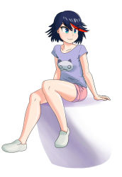 Rule 34 | 1girl, animal print, arms at sides, black hair, blue eyes, breasts, casual, cat print, closed mouth, collarbone, eyelashes, female focus, full body, glitchynpc, hair between eyes, hands on ground, happy, highres, invisible chair, kill la kill, legs, looking to the side, matoi ryuuko, medium breasts, medium hair, multicolored hair, neck, no socks, pink shorts, print shirt, purple shirt, red streak, shiny skin, shirt, shoes, short shorts, short sleeves, shorts, simple background, sitting, smile, spiked hair, streaked hair, t-shirt, thighs, trigger (company), white background, white footwear