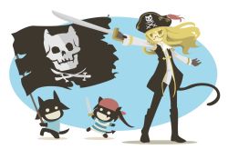 Rule 34 | animal ears, blonde hair, boots, chibi, flag, francesca lucchini, glasses, hat, hat feather, holding, holding flag, jolly roger, kamereon three, knee boots, miyafuji yoshika, perrine h. clostermann, pirate, skull and crossed swords, strike witches, sword, weapon, world witches series, yellow eyes
