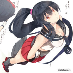 Rule 34 | 10s, 3girls, agano (kancolle), black hair, breasts, cleavage, from above, gloves, kantai collection, large breasts, long hair, looking at viewer, looking up, miniskirt, multiple girls, noshiro (kancolle), orange eyes, ponytail, sailor collar, skirt, solo focus, sts, twitter username, very long hair, white gloves, yahagi (kancolle)