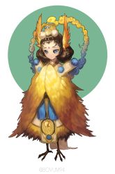 Rule 34 | 1girl, artist name, black sclera, blue eyes, bovum94, brown hair, colored sclera, curly hair, doujo (onmyoji), facial mark, feathered wings, feathers, forehead mark, full body, fur trim, hat, highres, japanese clothes, monster girl, onmyoji, solo, transparent background, winged arms, wings, yellow feathers