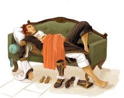 Rule 34 | 2boys, age difference, barefoot, blanket, boots, brown hair, child, coat, couch, closed eyes, father and son, ferid egan, freyjadour falenas, full body, gensou suikoden, gensou suikoden v, green upholstery, hair bun, multiple boys, ooshima, pillow, sandals, single hair bun, size difference, sleeping, tufted upholstery, white hair