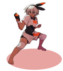 Rule 34 | 1girl, barefoot, bea (pokemon), black bodysuit, black hairband, bodysuit, bodysuit under clothes, bow hairband, clenched hands, closed mouth, collared shirt, commentary request, creatures (company), dark-skinned female, dark skin, full body, game freak, gloves, grey eyes, grey hair, gym leader, hair between eyes, hairband, highres, knee pads, korean commentary, nintendo, pokemon, pokemon swsh, print shirt, print shorts, ramy (ramyno 0), shirt, short hair, short sleeves, shorts, side slit, side slit shorts, single glove, solo, squatting, toes, white wristband