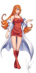 Rule 34 | 1girl, blue eyes, bodycon, boots, coat, crescent-moon20, dress, female focus, full body, highres, long hair, mona (warioware), nail polish, nintendo, open mouth, orange hair, red dress, red footwear, red nails, smile, solo, tight clothes, tight dress, transparent background, warioware