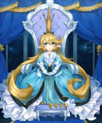 Rule 34 | 10s, 1girl, absurdly long hair, blonde hair, blue dress, blue eyes, blush, charlotta (granblue fantasy), column, crown, curtains, dress, full body, gloves, granblue fantasy, hair between eyes, harvin, konomoto (knmtzzz), long hair, looking at viewer, own hands together, parted lips, pillar, pointy ears, puffy short sleeves, puffy sleeves, short sleeves, sitting, sky, solo, star (sky), starry sky, throne, v arms, very long hair, white gloves