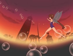 Rule 34 | 1girl, animated, animated gif, bare legs, bare shoulders, brown hair, bubble, fairy, fairy wings, from side, gabriel-b, jogging, kooh, long hair, long legs, long twintails, night, one-piece swimsuit, outdoors, pangya, petite, school swimsuit, sky, sleeveless, solo, swimsuit, twintails, wings