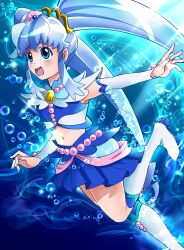Rule 34 | 10s, 1girl, :d, absurdres, arm warmers, bad id, bad pixiv id, blue eyes, blue hair, blue skirt, blue theme, blush, boots, color connection, cosplay, crop top, cure mermaid, cure mermaid (cosplay), cure princess, earrings, full body, go! princess precure, gradient background, happinesscharge precure!, highres, jewelry, knee boots, long hair, matching hair/eyes, midriff, navel, open mouth, precure, sharumon, shirayuki hime, sidelocks, skirt, smile, solo, twintails, white footwear