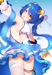Rule 34 | amamiya kokoro, armpits, ass, back, backless dress, backless outfit, bell, blue bow, blue dress, blue hair, blue thighhighs, blush, bow, breasts, commentary, convenient skirt, cowboy shot, detached sleeves, dress, fang, from behind, hair bell, hair bow, hair ornament, highres, jingle bell, leg ribbon, long sleeves, looking at viewer, looking back, neit ni sei, nijisanji, no panties, open mouth, ribbon, scales, see-through, shawl, sideboob, single thighhigh, skin fang, small breasts, smile, solo, standing, thigh ribbon, thighhighs, thighs, virtual youtuber, yellow eyes