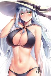 Rule 34 | 1girl, bare shoulders, bikini, blue bikini, blue ribbon, blunt bangs, blush, bracelet, breasts, cleavage, collarbone, cowboy shot, facial mark, girls&#039; frontline, gold, green eyes, groin, hair ornament, hat, hat ribbon, highres, hk416 (girls&#039; frontline), jewelry, large breasts, long hair, looking at viewer, motokonut, navel, o-ring, o-ring top, off shoulder, parted lips, ribbon, shiny skin, side-tie bikini bottom, sidelocks, silver hair, simple background, solo, standing, stomach, sun hat, swimsuit, very long hair, white background, white hat