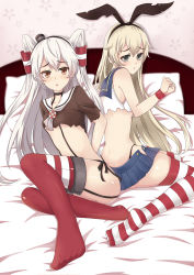 Rule 34 | 10s, aci (tigerpoetry), amatsukaze (kancolle), ass, bad id, bad pixiv id, bed, bed sheet, black panties, blonde hair, blue skirt, bound, breasts, brown hair, crop top, flat chest, from behind, garter straps, grey eyes, hair between eyes, highleg, highleg panties, highres, kantai collection, long hair, lying, midriff, miniskirt, on side, open mouth, panties, parted lips, red legwear, shimakaze (kancolle), silver hair, skirt, small breasts, striped clothes, striped legwear, striped thighhighs, thighhighs, thighs, tied up, torn clothes, underwear, zettai ryouiki