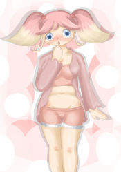 Rule 34 | 1girl, audino, blonde hair, blue eyes, blush, breasts, cardigan, collarbone, creatures (company), fur-trimmed shorts, fur trim, game freak, gen 5 pokemon, hair ornament, hand on own face, heart, heart hair ornament, long hair, looking at viewer, medium breasts, midriff, mokoroppu, multicolored hair, navel, nintendo, open mouth, personification, pink background, pink cardigan, pink hair, pink shirt, pink shorts, pokemon, pokemon bw, shirt, shorts, standing, tank top, twintails, two-tone background, two-tone hair, white background