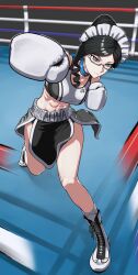 Rule 34 | abs, black hair, boxing, boxing gloves, boxing ring, boxing trunks, choker, glasses, hair bun, highres, looking at viewer, maid headdress, overlord (maruyama), rggr, sports bra, yuri alpha