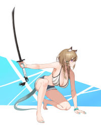 Rule 34 | 1girl, absurdres, animal ear fluff, arknights, barefoot, bikini, bikini top only, blue shorts, braid, breasts, highres, holding, holding sword, holding weapon, jason kim, katana, large breasts, medium hair, official alternate costume, on one knee, shorts, solo, striped bikini, striped clothes, swimsuit, sword, twin braids, utage (arknights), weapon, white background