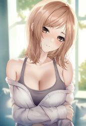 Rule 34 | 1girl, bare shoulders, black sports bra, breast hold, breasts, brown eyes, brown hair, cleavage, collarbone, dress shirt, head tilt, highres, idolmaster, idolmaster shiny colors, large breasts, long hair, long sleeves, looking at viewer, marinesnow, non-web source, off shoulder, parted lips, sakuragi mano, shirt, solo, sports bra, upper body, white shirt