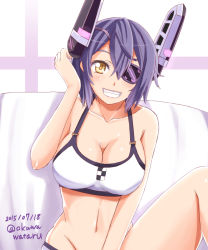 Rule 34 | 10s, 1girl, 2015, between legs, bikini, blush, breasts, cleavage, collarbone, commentary request, dated, eyepatch, female focus, gradient background, grin, hand between legs, headgear, kantai collection, large breasts, looking at viewer, md5 mismatch, navel, ookawa wataru, purple hair, resolution mismatch, short hair, smile, solo, source smaller, striped, striped background, swimsuit, tenryuu (kancolle), twitter username, upper body, white bikini, yellow eyes