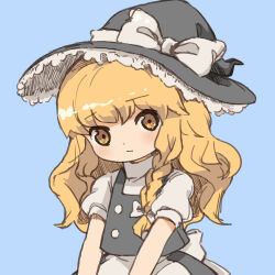 Rule 34 | 1girl, apron, back bow, black hat, black skirt, black vest, blonde hair, blue background, bow, braid, chibi, commentary request, hair bow, hat, hat bow, hozumiare, kirisame marisa, long hair, looking at viewer, shirt, short sleeves, simple background, single braid, skirt, solo, touhou, upper body, vest, waist apron, white bow, white shirt, witch hat, yellow eyes