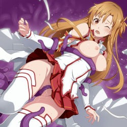 Rule 34 | 1girl, ;o, asuna (sao), bare shoulders, blonde hair, breasts, breasts out, brown eyes, brown hair, censored, coat, commentary, commission, dutch angle, forehead, frilled skirt, frills, gluteal fold, hair between eyes, knees out of frame, long hair, lower teeth only, maruto!, medium breasts, nipples, no bra, no panties, one eye closed, open mouth, pussy juice, red skirt, skeb commission, skirt, solo, sweat, sword art online, teeth, tentacle sex, tentacles, tentacles under clothes, thighhighs, thighs, titania (sao), white coat, white thighhighs