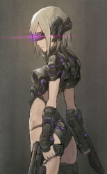 Rule 34 | 1girl, ass, black panties, closed mouth, commentary, cowboy shot, dual wielding, english commentary, from behind, glowing, grey background, gun, handgun, headgear, holding, holding weapon, original, panties, pistol, short hair, solo, standing, tonee, underwear, vambraces, visor, weapon