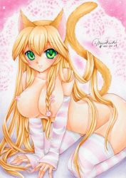 Rule 34 | 1girl, animal ears, blonde hair, blush, breasts, cat ears, cat girl, cat tail, detached sleeves, female focus, green eyes, kneeling, long hair, looking at viewer, mocomoco party, nipples, nude, original, smile, solo, striped clothes, striped thighhighs, tail, thighhighs