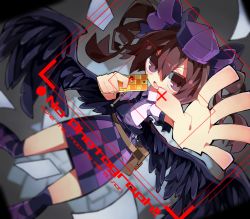 Rule 34 | 1girl, bad id, bad tumblr id, bird wings, black wings, bow, brown eyes, brown hair, cellphone, checkered clothes, checkered skirt, dutch angle, hair bow, hat, himekaidou hatate, long hair, open mouth, outstretched arm, phone, reaching, reaching towards viewer, sam 58, skirt, smile, solo focus, tokin hat, touhou, twintails, wings