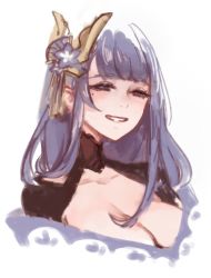 Rule 34 | 1girl, black eyes, blue flower, blue hair, breasts, cleavage, collarbone, cropped torso, flower, genshin impact, half-closed eyes, long hair, looking at viewer, medium breasts, mole, mole under eye, off shoulder, parted lips, raiden shogun, simple background, smile, solo, upper body, white background, zxny