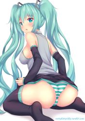 Rule 34 | 1girl, aqua eyes, aqua hair, ass, bare shoulders, black thighhighs, blush, breasts, covered erect nipples, detached sleeves, from behind, hair ribbon, hatsune miku, highres, large breasts, long hair, looking at viewer, miniskirt, nottytiffy, open mouth, panties, ribbon, shiny skin, sideboob, sitting, skirt, solo, striped clothes, striped panties, thighhighs, twintails, underwear, upskirt, very long hair, vocaloid, wariza