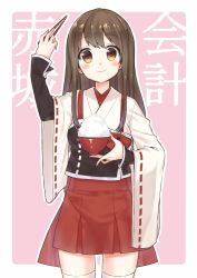 Rule 34 | 10s, 1girl, adapted costume, akagi (kancolle), brown eyes, brown hair, chopsticks, food, food on face, japanese clothes, kantai collection, long hair, masuishi kinoto, personification, ribbon-trimmed sleeves, ribbon trim, rice, shima (shima je), side ponytail, smile, solo, thighhighs, translation request