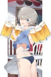 Rule 34 | 10s, 1girl, alcohol, alternate costume, apron, ass, beer, beer mug, blue eyes, breasts, butt crack, commentary request, cup, eyebrows, hayashi kewi, kantai collection, looking at viewer, looking back, mug, one eye closed, open mouth, revision, short hair, silver hair, small breasts, solo, z1 leberecht maass (kancolle)