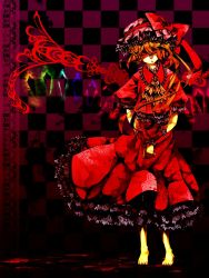 Rule 34 | 1girl, alternate wings, ascot, bad id, bad pixiv id, barefoot, blonde hair, blood, bow, checkered background, embellished costume, embodiment of scarlet devil, female focus, flandre scarlet, hat, hat bow, highres, huruiti, petticoat, red theme, skirt, skirt set, solo, standing, suimu (karamachi), touhou, wings, wrist cuffs