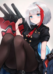 Rule 34 | 1girl, admiral graf spee (azur lane), admiral graf spee (girl&#039;s sunday) (azur lane), alternate costume, azur lane, black legwear, black shirt, black skirt, blue eyes, blunt bangs, blush, breasts, buttons, cannon, double-breasted, highres, looking at viewer, medal, multicolored hair, necktie, red hair, red necktie, rigging, ryara, shirt, short hair, short sleeves, sidelocks, silver hair, sitting, skirt, small breasts, solo, streaked hair