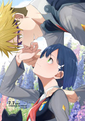 Rule 34 | 1boy, 1girl, black cat, blue hair, blush, brown eyes, cat, chicke iii, closed mouth, commentary request, copyright name, darling in the franxx, dated, eyebrows hidden by hair, flower, glasses, gorou (darling in the franxx), green eyes, hair between eyes, hair ornament, hairclip, hand on another&#039;s shoulder, highres, ichigo (darling in the franxx), lens flare, light brown hair, long sleeves, looking at another, looking down, looking up, military, military uniform, outdoors, parted lips, short hair, smile, teeth, twitter username, uniform, upper body