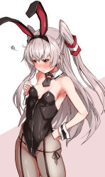 Rule 34 | 1girl, alternate costume, amatsukaze (kancolle), animal ears, ass, bare shoulders, black leotard, blush, bow, bowtie, breasts, brown pantyhose, closed mouth, commentary request, detached collar, fake animal ears, fishnet pantyhose, fishnets, groin, hair between eyes, hair tubes, hand on own hip, highres, kantai collection, leotard, long hair, necktie, panties, pantyhose, playboy bunny, rabbit ears, side-tie panties, silver hair, simple background, skindentation, small breasts, solo, standing, strapless, strapless leotard, takanashi kei (hitsujikan), two side up, underwear, wrist cuffs