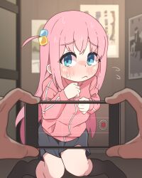 Rule 34 | 1boy, 1girl, :c, black skirt, black socks, blue eyes, blush, bocchi the rock!, closed mouth, cube hair ornament, flying sweatdrops, gotoh hitori, hair ornament, highres, holding, holding phone, jacket, kneehighs, kneeling, long hair, long sleeves, looking at viewer, nose blush, paid reward available, phone, pink hair, pink jacket, pov, pov hands, recording, side ponytail, sidelocks, skirt, socks, sweat, sweatdrop, tamama (pixiv80097934), track jacket, viewfinder