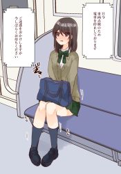 Rule 34 | 1girl, bag, bench, blue footwear, blue socks, blush, bow, bowtie, breasts, brown eyes, brown hair, cardigan, door, embarrassed, female focus, green bow, green bowtie, green cardigan, green skirt, have to pee, japanese text, kinagirea, kneehighs, long hair, long sleeves, looking up, matching hair/eyes, miniskirt, nose blush, original, pigeon-toed, plaid, plaid bow, plaid bowtie, plaid neckwear, plaid skirt, pleated skirt, shirt, shoes, sitting, skirt, small breasts, socks, solo, text focus, train interior, translation request, trembling, unmoving pattern, white shirt