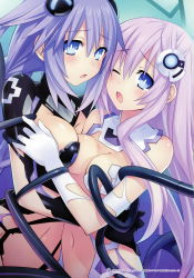 Rule 34 | 2girls, absurdres, bare shoulders, blue eyes, blush, bound, braid, breasts, choujigen game neptune mk2, cleavage, emblem, gloves, hair ornament, highres, leotard, long hair, looking at viewer, medium breasts, multiple girls, navel, nepgear, neptune (series), official art, one eye closed, open mouth, power symbol, power symbol-shaped pupils, purple hair, purple heart (neptunia), purple sister, scan, symbol-shaped pupils, tears, tentacles, torn clothes, tsunako, twin braids, very long hair