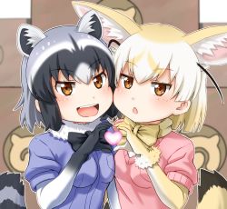 Rule 34 | 10s, 2girls, animal ears, bad id, bad pixiv id, bow, bowtie, cheek-to-cheek, chestnut mouth, common raccoon (kemono friends), extra ears, fennec (kemono friends), fox ears, fox tail, fur collar, heads together, heart, highres, japari symbol, kemono friends, multicolored hair, multiple girls, open mouth, pink sweater, raccoon ears, raccoon tail, striped tail, sweater, tail, takatsuki nao