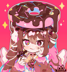 Rule 34 | 1girl, :p, absurdres, artist logo, bow, brown hair, chocolate doughnut, doughnut, eating, food, hair between eyes, hair bow, hand on own face, highres, original, pink background, solo, tongue, tongue out, uenomigi, upper body, valentine