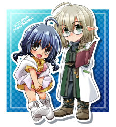 Rule 34 | 2girls, ahoge, androgynous, black pants, black shirt, blue background, blue hair, blush, book, boots, braid, brown eyes, brown footwear, coat, commentary request, dated, dress, full body, glasses, green coat, green eyes, hair between eyes, highres, holding, holding book, jacket, lab coat, light brown hair, long hair, looking at viewer, multiple girls, open book, open mouth, original, outline, pants, pink dress, pointy ears, polka dot, polka dot background, shirt, signature, smile, standing, takaha momo, twin braids, white coat, white footwear, white jacket, white outline