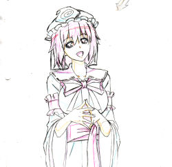 Rule 34 | 1girl, breasts, color trace, female focus, h-new, hat, japanese clothes, kimono, large breasts, monochrome, neck ribbon, open mouth, production art, ribbon, saigyouji yuyuko, short hair, sketch, smile, solo, steepled fingers, touhou, traditional media, upper body, wide sleeves