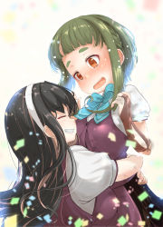Rule 34 | 2girls, absurdres, black hair, blouse, blue bow, blue bowtie, blurry, bob cut, bow, bowtie, braid, brown eyes, closed eyes, commentary request, confetti, depth of field, fingerless gloves, fyuo, gloves, green hair, grin, highres, hug, kantai collection, lifting person, long hair, multicolored hair, multiple girls, naganami (kancolle), naganami kai ni (kancolle), pink hair, pleated skirt, puffy sleeves, purple skirt, shirt, short hair, short hair with long locks, sidelocks, skirt, smile, takanami (kancolle), takanami kai ni (kancolle), thick eyebrows, upper body, vest, white shirt