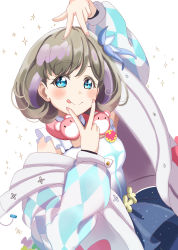 Rule 34 | 1girl, blue eyes, blush stickers, breasts, commentary request, double v, flower, frilled skirt, frilled sleeves, frills, grey hair, hair flower, hair ornament, highres, jacket, long sleeves, looking at viewer, love live!, love live! superstar!!, ranemu, short hair, skirt, small breasts, solo, sparkle, tang keke, tongue, tongue out, v