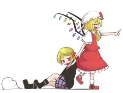Rule 34 | 2girls, :d, ^ ^, ankle boots, annoyed, ascot, blonde hair, bobby socks, boots, closed eyes, cosplay, cosplay request, d:, dragging, flandre scarlet, hat, jacket, jagabutter, long skirt, mary janes, mob cap, multiple girls, necktie, open mouth, plaid, plaid shorts, pointing, puffy short sleeves, puffy sleeves, red eyes, red footwear, rumia, shoes, short hair, short sleeves, shorts, skirt, slit pupils, smile, socks, suit jacket, sweatdrop, touhou, vest, wings