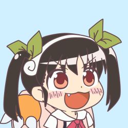 Rule 34 | 1girl, artist request, bag, black hair, blue background, blush, blush stickers, bow, bowtie, chibi, collared shirt, fang, green bow, gyate gyate, hachikuji mayoi, hair bow, hair ornament, hairband, happy, looking to the side, monogatari (series), open mouth, pink bow, portrait, raised eyebrow, red eyes, shirt, short sleeves, short twintails, sidelocks, simple background, smile, solo, twintails, white shirt
