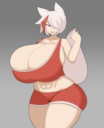 Rule 34 | 1girl, abs, absurdres, animal ears, ash (duskyer), breasts, cleavage, curvy, duskyer, female focus, fox ears, fox girl, fox tail, grey background, hair over one eye, highres, huge breasts, looking at viewer, navel, open mouth, original, red eyes, shorts, skindentation, solo, sports bra, standing, tail, tail raised, thick thighs, thighs, white hair, wide hips