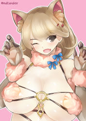 Rule 34 | 1girl, ;d, alternate color, animal ears, animal hands, bare shoulders, breasts, brown eyes, brown hair, cat ears, cat paws, claws, cleavage, cosplay, fang, fate/grand order, fate (series), hair ornament, hairclip, halloween costume, large breasts, long hair, looking at viewer, mash kyrielight, mash kyrielight (dangerous beast), mash kyrielight (dangerous beast) (cosplay), matching hair/eyes, naik, narusawa ryouka, o-ring, o-ring top, occultic;nine, official alternate costume, one eye closed, open mouth, pink background, shielder (fate/grand order) (cosplay), short hair, simple background, smile, solo, twitter username, upper body