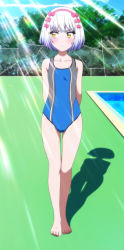 Rule 34 | 10s, 1girl, absurdres, arms behind back, barefoot, blush, feet, highres, looking away, nisekoi, one-piece swimsuit, paula mccoy, poolside, screencap, shadow, short hair, silver hair, solo, stitched, sunlight, swimsuit, thigh gap, third-party edit, yellow eyes
